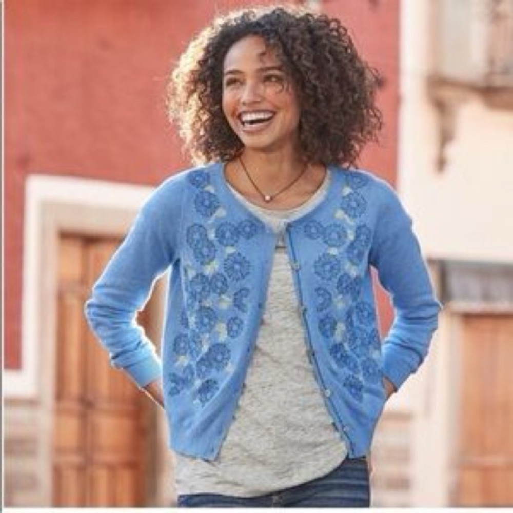 Sundance Blue Cardigan Sweater Embroidered Flowers Cotton Women’s Large